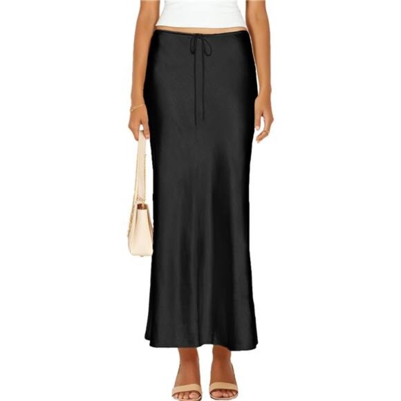 Womens Satin Maxi Skirts Flared A-Line Black - Picture 1 of 5